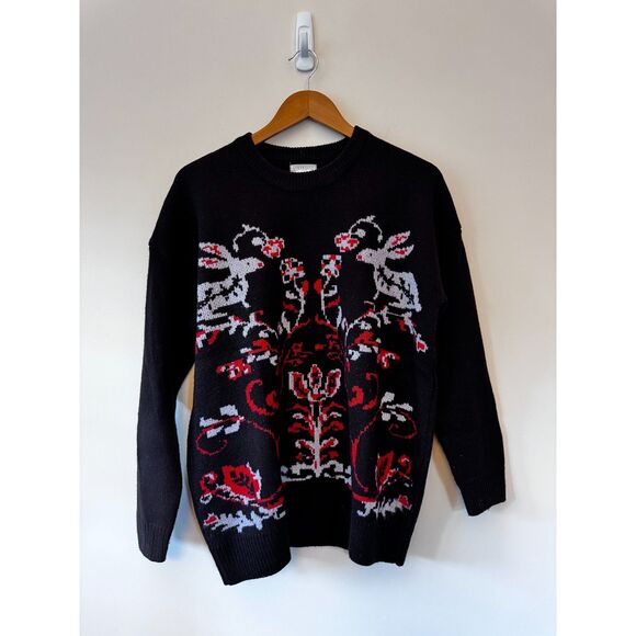 Cooperative Sweaters - Cooperative Women's Deep Purple Floral Sweater with Rabbits Size Medium